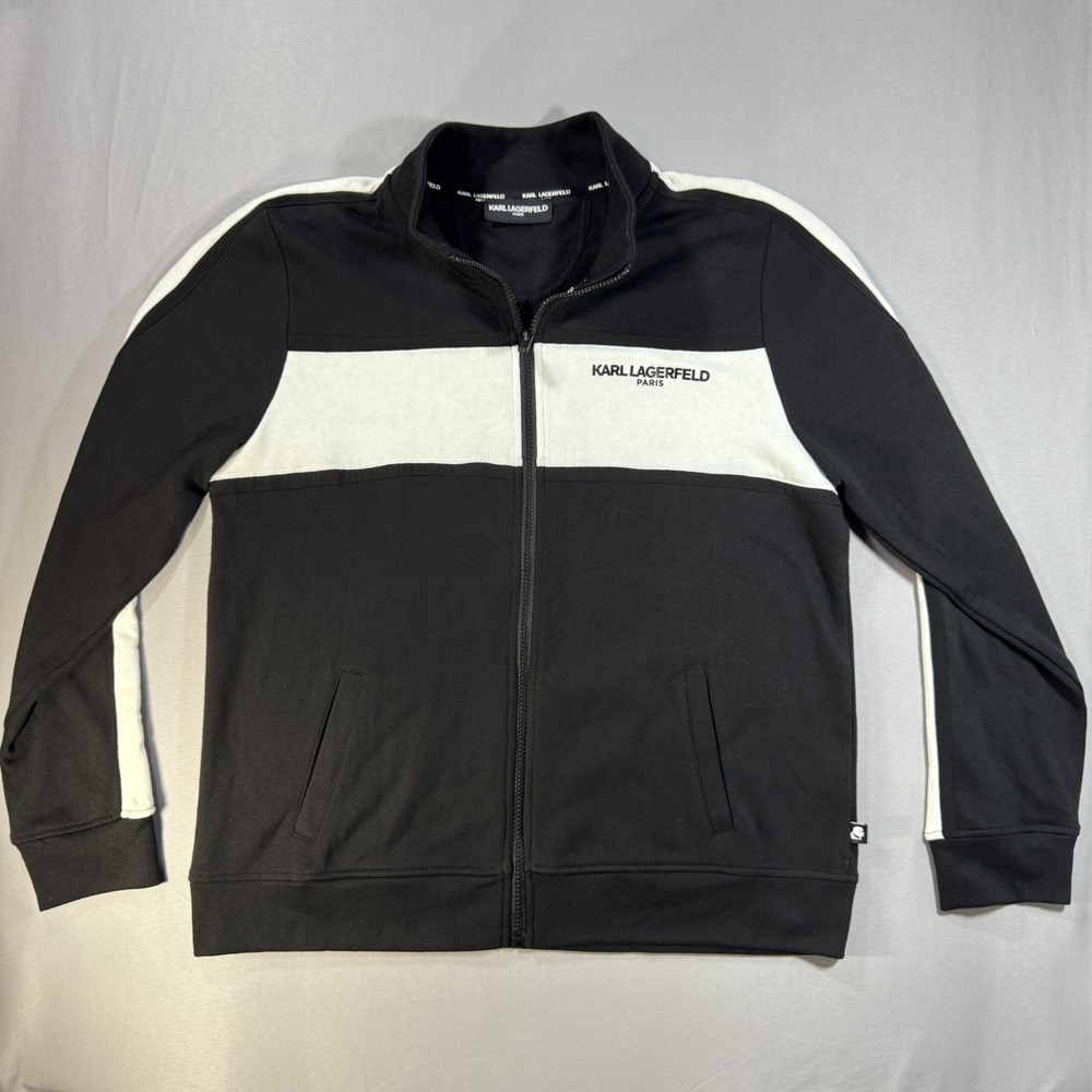 Karl Lagerfeld Paris Track Jacket Womens L Black White Colorblock Zip Up Logo